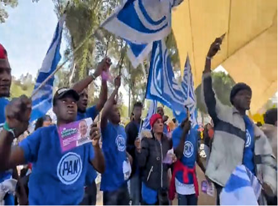 Un grupo de personas con banderas azules y blancas.