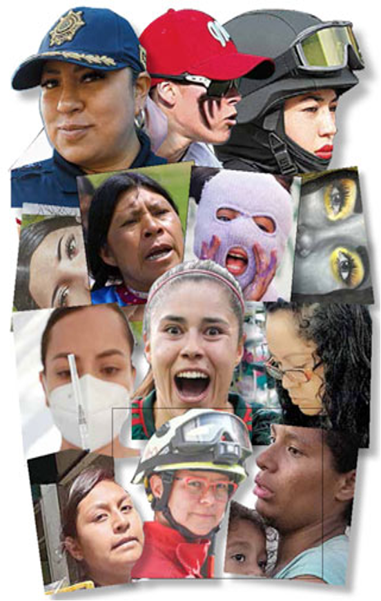 Un collage de mujeres con cascos y cascos.