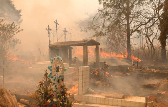 Un incendio forestal envuelve una zona boscosa, con llamas y humo rodeando una estructura.