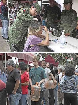 Arriba: un soldado brinda asistencia médica a una niña. abajo: gente esperando en fila, algunos sosteniendo cilindros de gas.