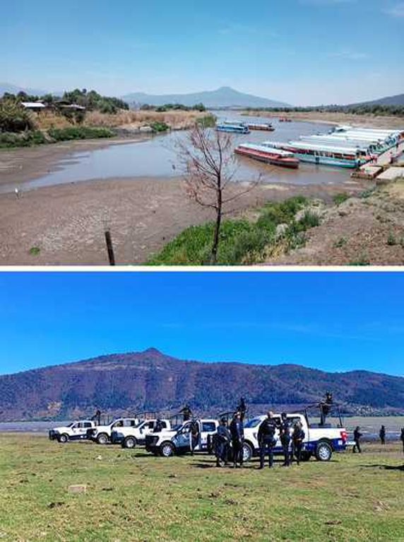 Arriba: un río con barcos atracados en la orilla y una montaña a lo lejos.
abajo: personas reunidas cerca de vehículos estacionados en una zona de césped con una colina al fondo.