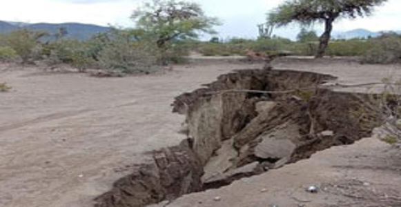 Grieta grande y profunda en un terreno seco y árido con escasa vegetación y árboles distantes bajo un cielo nublado.