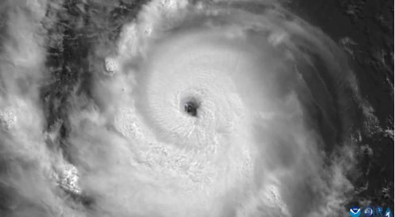 Imagen satelital en blanco y negro de un huracán con un ojo claramente definido en el centro, rodeado por densas formaciones de nubes.