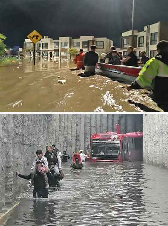 Dos imágenes que muestran los esfuerzos de rescate en inundaciones: arriba, personas en botes en una zona residencial; Abajo, los rescatistas transportan personas a través de un túnel inundado con un autobús parcialmente sumergido.