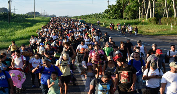 Un nutrido grupo de personas camina por un camino rural, rodeado de vegetación y tendidos eléctricos, llevando diversas pertenencias.