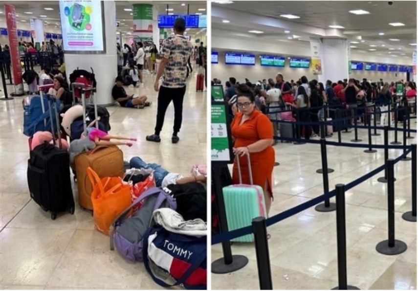 Dos imágenes que representan un aeropuerto concurrido: la izquierda muestra a los viajeros sentados en el suelo con su equipaje; a la derecha se muestra una larga fila de personas esperando en una zona de cola.