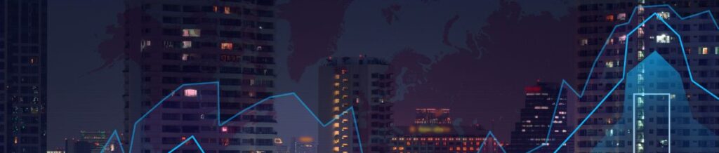 Un paisaje urbano nocturno con edificios de gran altura iluminados por luces. Superpuesto hay un gráfico de líneas digitales con picos y valles, que sugiere análisis de datos o tendencias financieras relacionadas con rutas comerciales y mercados.