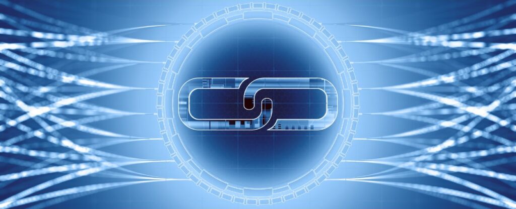 Una ilustración digital abstracta que presenta un eslabón de cadena central entrelazado dentro de un marco circular azul brillante, con líneas de luz dinámicas que se extienden hacia afuera sobre un fondo azul, simbolizando la vasta interconexión de Big Data.