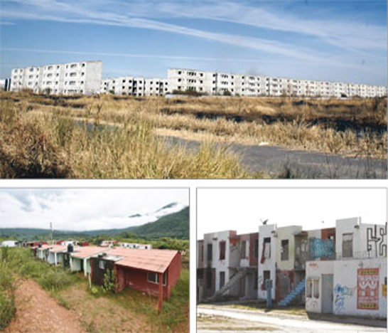 Collage de tres imágenes que muestran edificios residenciales abandonados, césped crecido y calles vacías bajo un cielo despejado.