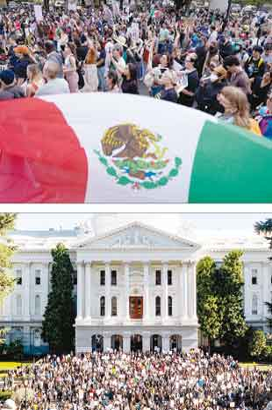 Dos imágenes: la superior muestra una multitud con una bandera mexicana. La inferior muestra una gran concentración frente a un edificio gubernamental blanco.