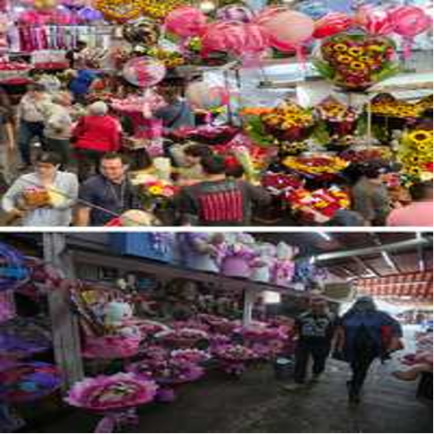 Imagen superior: Escena de un mercado concurrido con arreglos florales de colores vivos y compradores. Imagen inferior: Compradores caminando junto a puestos que exhiben arreglos florales de color rosa.