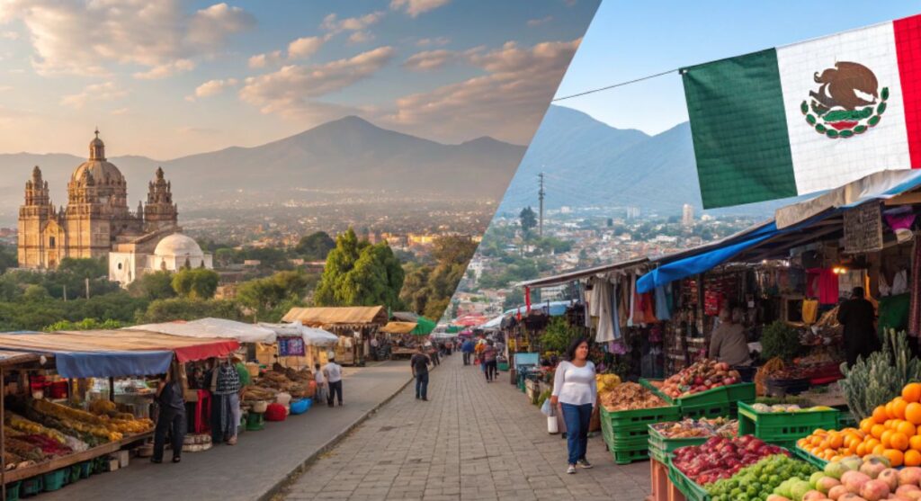 Una imagen dividida muestra un paisaje urbano mexicano, donde una iglesia majestuosa y montañas imponentes adornan la izquierda, mientras que El Comercio prospera a la derecha con un vibrante mercado al aire libre lleno de productos bajo la bandera mexicana ondeante.