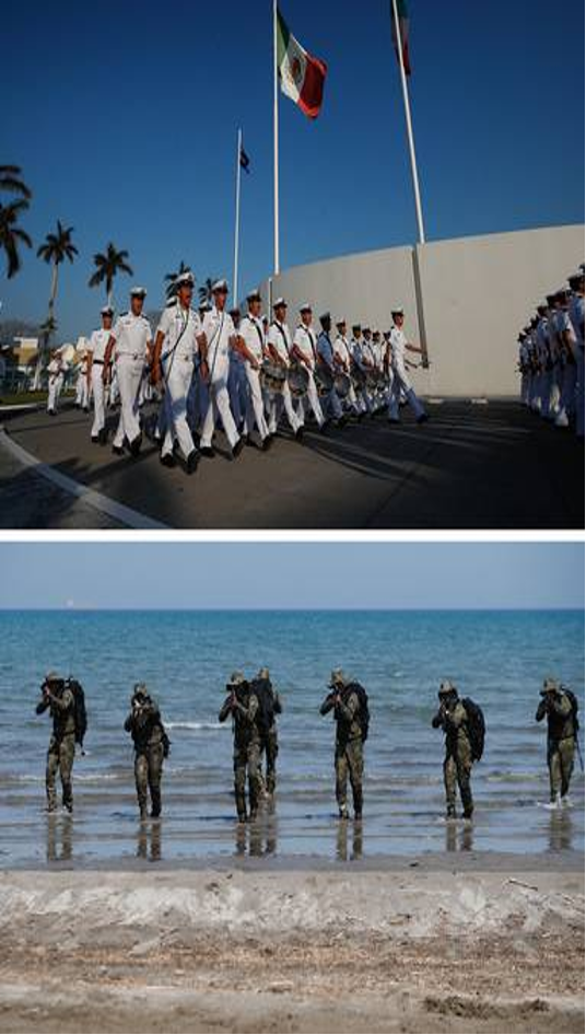 Arriba: Oficiales con uniformes blancos marchan bajo una bandera mexicana. Abajo: Soldados con uniforme de camuflaje caminan por una playa.