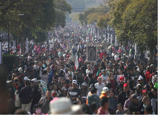 Una gran multitud de personas camina por una calle arbolada durante el día, algunos portando carteles y usando sombreros.