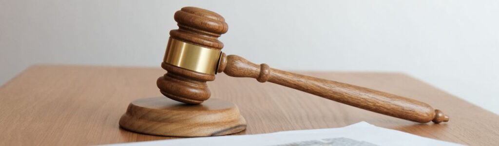Un mazo de juez y un bolÃgrafo sobre una mesa, que representan al abogado y la asesorÃa legal.
