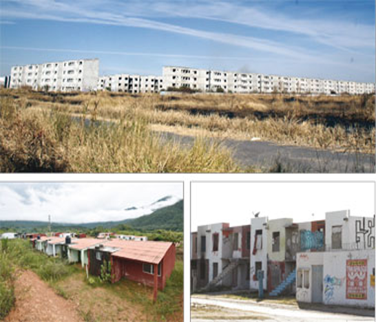Collage de tres imÃ¡genes que muestran edificios residenciales abandonados, cÃ©sped crecido y calles vacÃ­as bajo un cielo despejado.