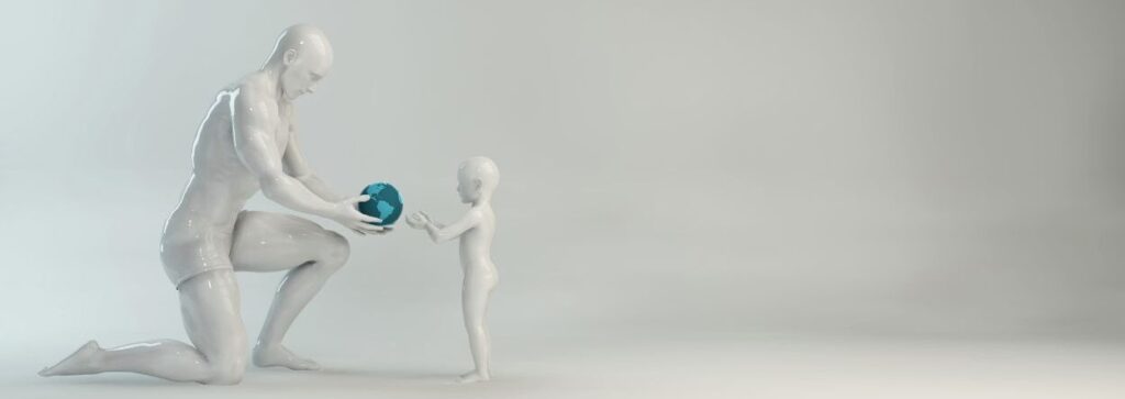 Una figura adulta brinda la educaciÃ³n entregÃ¡ndole un casco a una figura infantil en un ambiente minimalista.