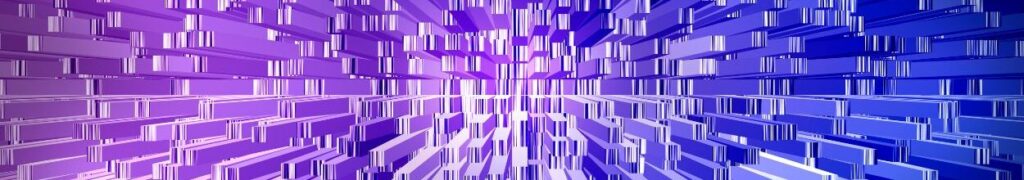 Un diseÃ±o abstracto en 3D presenta una serie de bloques rectangulares que se extienden en la distancia y pasan del violeta a la izquierda al azul a la derecha. Metaverso