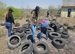 Tres personas inspeccionan una pila de neumáticos desechados en un área al aire libre con pasto seco y arbustos.