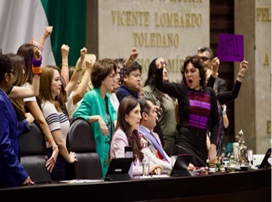 Un grupo de personas con los puños en alto se encuentra en una asamblea legislativa. Una persona sostiene un cartel morado con el número "251". Se ven escritorios y computadoras portátiles en primer plano.