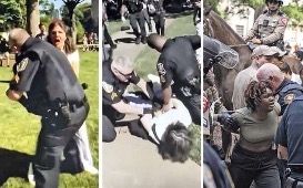 Un tríptico que muestra enfrentamientos policiales con civiles en diversos escenarios al aire libre, destacando diferentes etapas de la intervención física de los agentes.