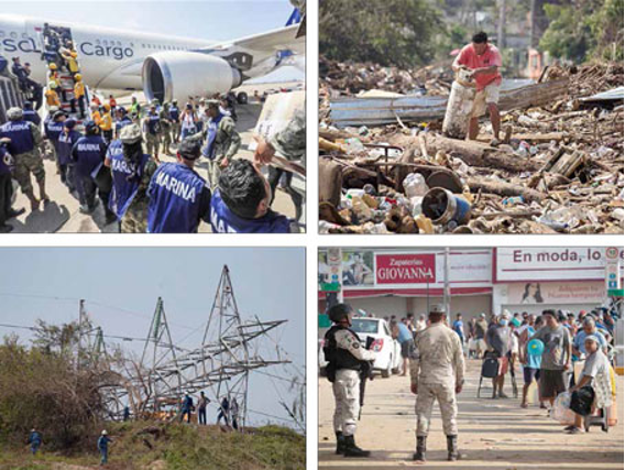 Un collage de fotografías que muestran gente en la calle y un avión.