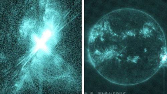 Dos imágenes del sol tomadas en diferentes longitudes de onda. El lado izquierdo muestra una llamarada solar brillante y el lado derecho muestra la vista completa del sol con manchas visibles y actividades solares.