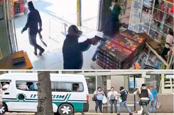 Dos fotografÃas de un hombre armado frente a una tienda.
