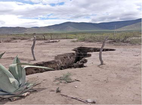 Gran grieta en tierra firme con planta de agave en primer plano, montaÃ±as bajo un cielo nublado al fondo.