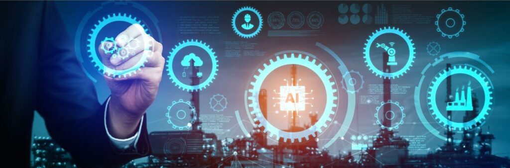 Una persona interactúa con una interfaz futurista que muestra iconos industriales de inteligencia artificial y Electricidad 4.0.