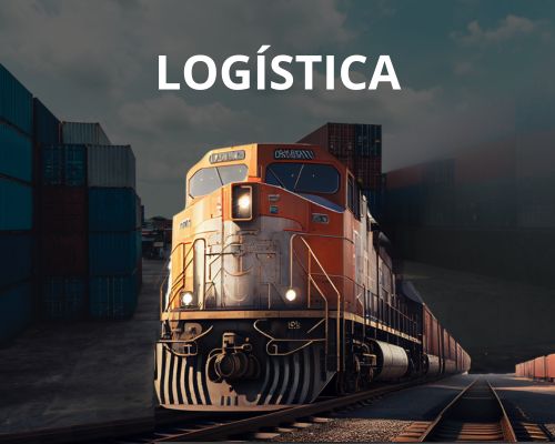Un tren de carga naranja avanza por las vías pasando por contenedores de envío apilados, con la palabra "LOGÍSTICA" destacada en la parte superior, resaltando su compromiso con el almacenaje y la logística eficientes.