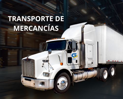 Camión semirremolque blanco en un almacén. Al fondo se lee "Transporte de Mercancías".