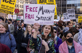 Personas en una protesta sosteniendo carteles que abogan por la libertad de expresión y apoyan a Mahmoud.