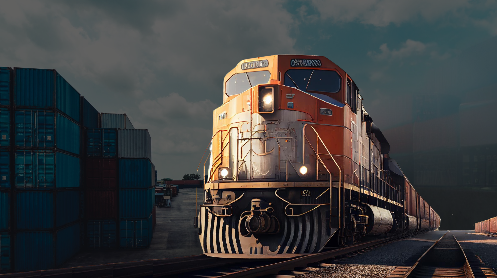 Un tren de carga de color naranja brillante viaja por vías junto a contenedores de envío apilados bajo un cielo nublado, mostrando logística y almacenamiento eficientes.