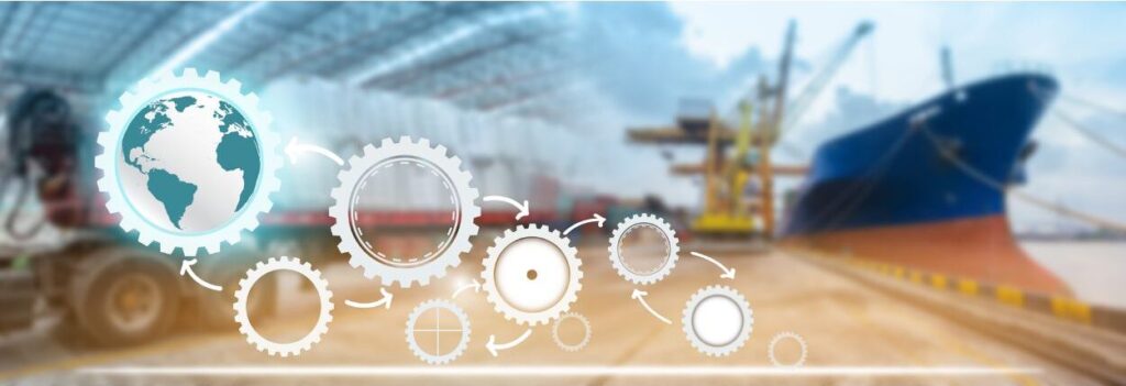 Concepto de logÃ­stica global con engranajes y la cadena de suministro en el fondo del transporte.