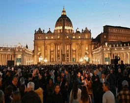 Una gran multitud se reÃºne frente a la BasÃ­lica de San Pedro en el Vaticano durante el atardecer, con la iglesia iluminada al fondo.