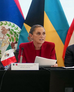 Una mujer con un traje rojo habla en una mesa de conferencias con varias banderas nacionales detrÃ¡s de ella, sosteniendo un documento.