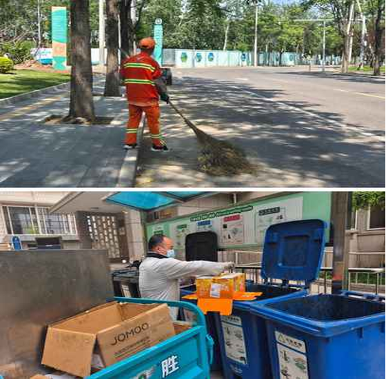 Arriba: Un trabajador con uniforme naranja barre hojas en una acera. Abajo: Una persona con mascarilla clasifica cajas de cartÃ³n en contenedores azules de reciclaje.
