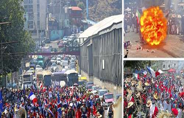 Una gran multitud marcha por una calle; las imágenes insertadas muestran una explosión de fuego y personas sosteniendo banderas e instrumentos durante una manifestación pública.