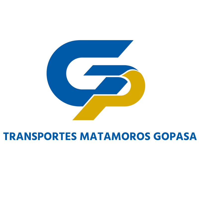 Logotipo con letras estilizadas azules y amarillas “GP” y el texto “TRANSPORTES MATAMOROS GOPASA” debajo en letras mayúsculas azules.