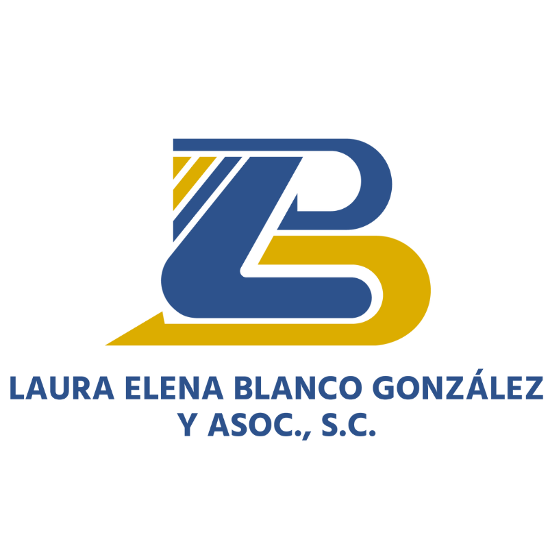 Logotipo con iniciales estilizadas "LB" en azul y amarillo sobre el texto "LAURA ELENA BLANCO GONZÁLEZ Y ASOC., S.C." en letras mayúsculas azules.