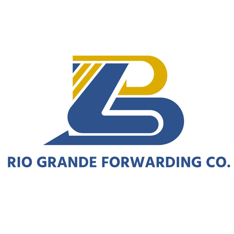 Logotipo de Rio Grande Forwarding Co., que presenta un "RG" estilizado en azul y amarillo sobre el nombre de la empresa en texto azul en negrita.