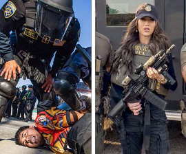 Imagen dividida: A la izquierda, agentes de policÃa detienen a un hombre en el suelo; a la derecha, un agente uniformado sostiene un rifle junto a otros.