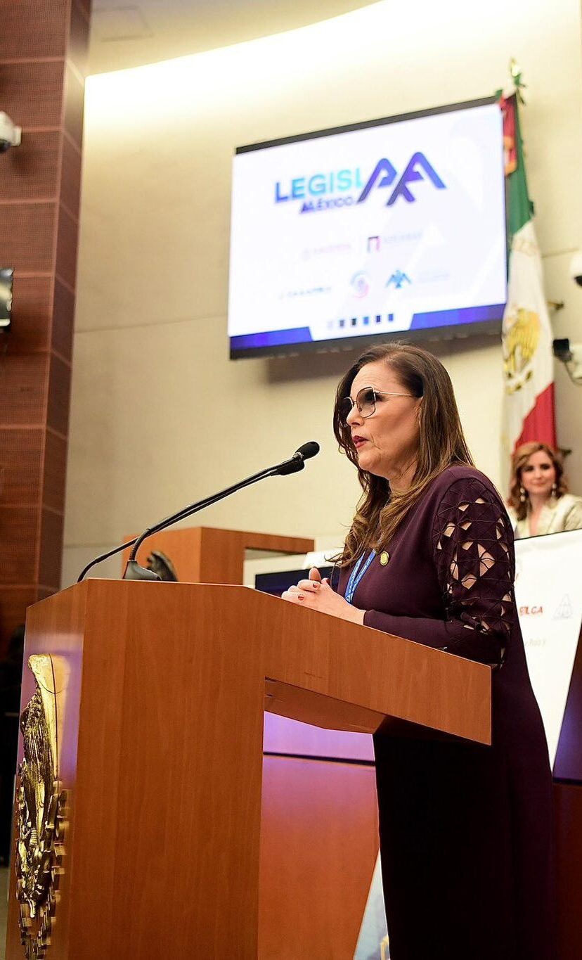 Una mujer habla en el estrado de una cámara gubernamental formal, discutiendo temas como la exportación, con varias personas de fondo y una presentación en una pantalla.